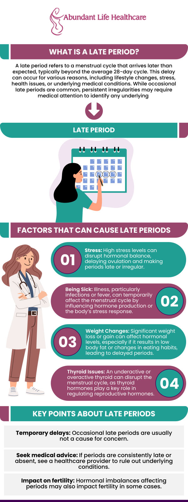 A period is generally considered late if it is more than seven days past your expected start date. While occasional delays can be normal due to factors like stress, significant weight changes, or intense exercise, consistently late or missed periods can be a cause for concern. If your period is regularly late or you have missed three or more periods in a row and a pregnancy test is negative, consult Dr. Marc Jean-Gilles, DO, FACOG. For more information, contact us today or book an appointment online. We are conveniently located at 601A Professional Drive, Suite 370, Lawrenceville, GA 30046. A period is generally considered late if it is more than seven days past your expected start date. While occasional delays can be normal due to factors like stress, significant weight changes, or intense exercise, consistently late or missed periods can be a cause for concern. If your period is regularly late or you have missed three or more periods in a row and a pregnancy test is negative, consult Dr. Marc Jean-Gilles, DO, FACOG. For more information, contact us today or book an appointment online. We are conveniently located at 601A Professional Drive, Suite 370, Lawrenceville, GA 30046.