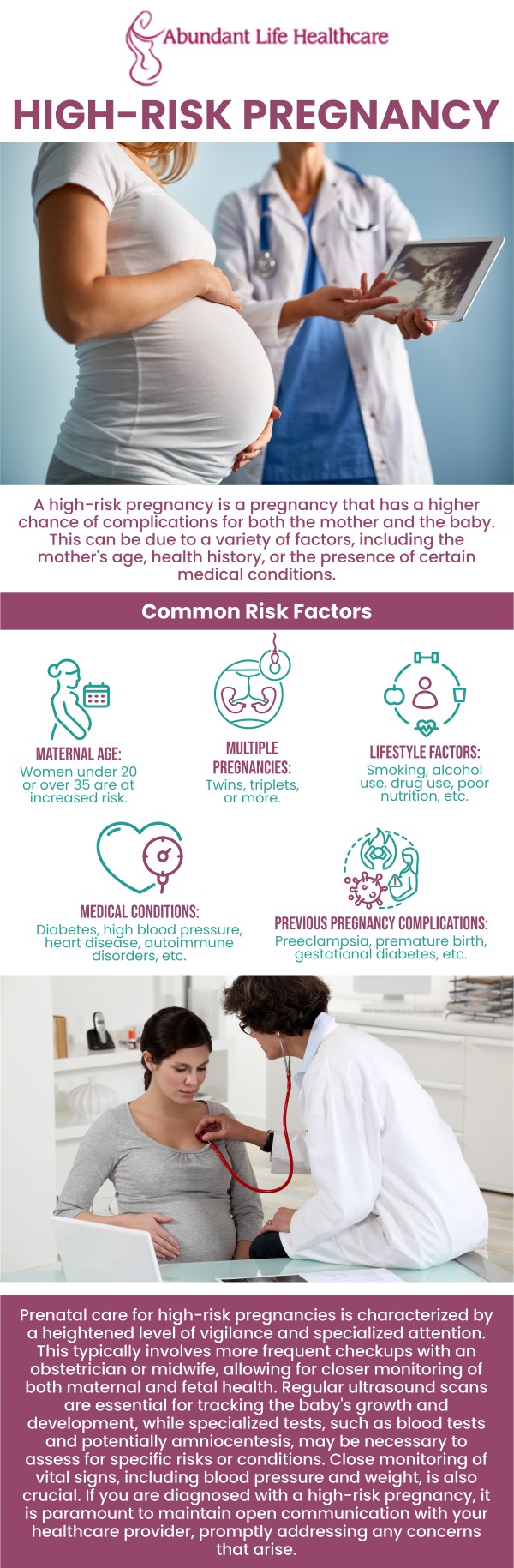 High-risk pregnancy refers to a pregnancy that involves increased risks for the mother, baby, or both. These risks can stem from various factors, including the mother's age, underlying health conditions (like diabetes or hypertension), pregnancy complications (like preeclampsia or gestational diabetes), or the baby's development. At Abundant Life Healthcare, Dr. Marc Jean Gilles, DO, FACOG, provides prenatal care for identifying and managing high-risk pregnancies, ensuring the best possible outcomes for both mother and child. For more information, contact us or schedule an appointment online. We are conveniently located at 601A Professional Drive, Suite 370, Lawrenceville, GA 30046.