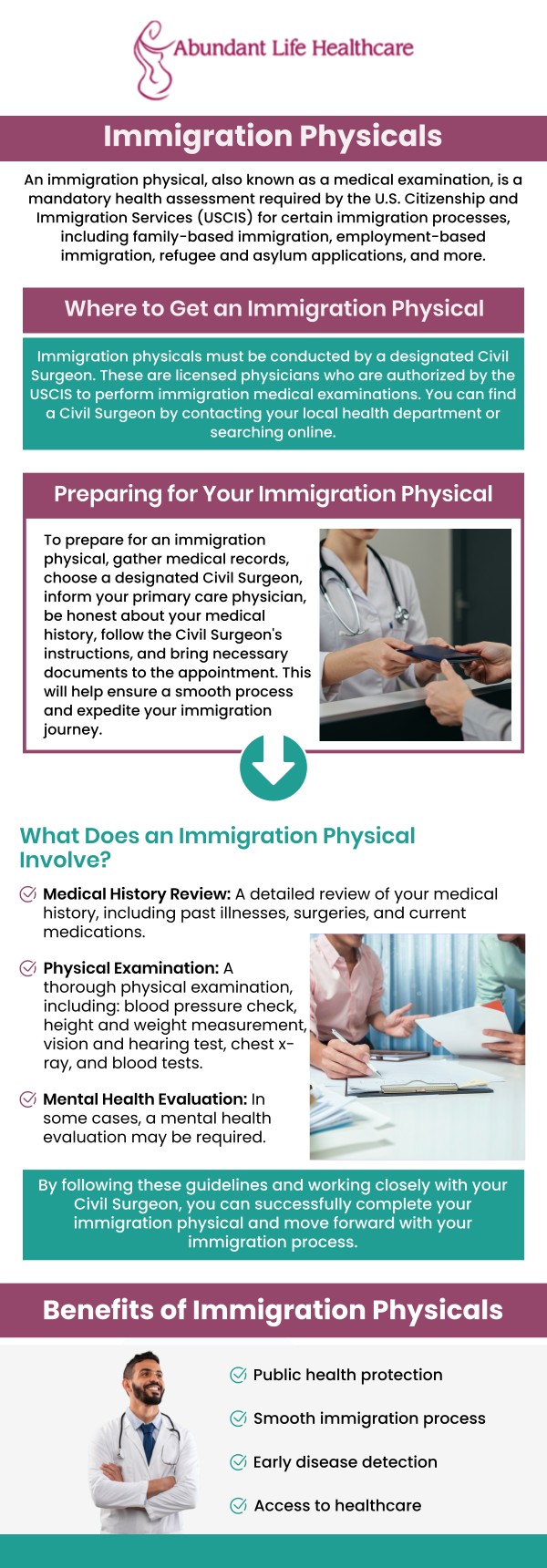 At Abundant Life Healthcare, Dr. Jean-Gilles, DO, FACOG offers immigration medical exams. This mandatory examination, performed by a USCIS-designated Civil Surgeon, verifies that the applicant is free from communicable diseases of public health significance and meets all mandatory U.S. vaccination requirements. For more information, contact us today or book an appointment online. We are conveniently located at 601A Professional Drive, Suite 370, Lawrenceville, GA 30046.