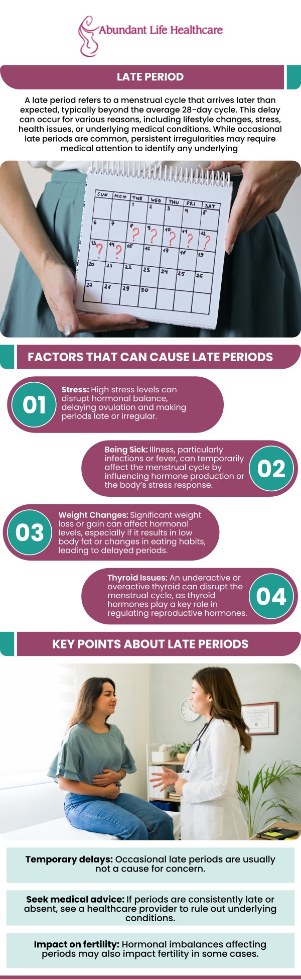 If your period is late and pregnancy isn't the cause, it could be due to various factors such as hormonal imbalances, stress, thyroid problems, or weight changes. Dr. Jean-Gilles, DO, FACOG, at Abundant Life Healthcare, offers professional care and personalized treatment to help identify the underlying cause and restore your menstrual health. Whether it’s a minor issue or something requiring closer attention, our team will guide you toward the right solution. For more information, contact us today or book an appointment online. We are conveniently located at 601A Professional Drive, Suite 370, Lawrenceville, GA 30046.