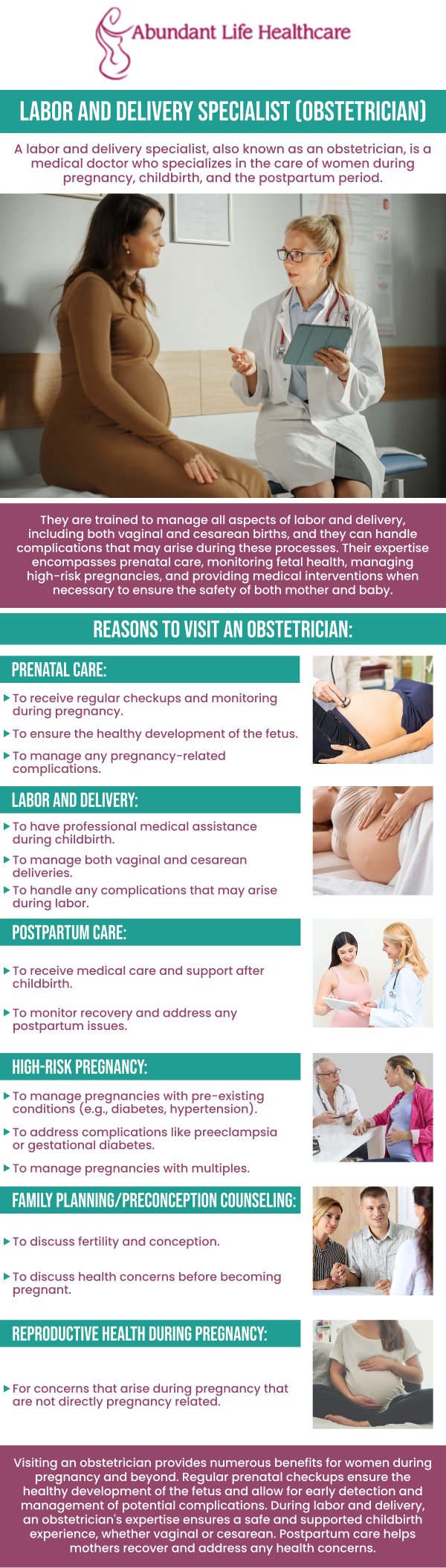 At Abundant Life Healthcare, Dr. Marc Jean-Gilles, DO, FACOG, is dedicated to providing compassionate care during labor and delivery to make sure the mother and the child have a safe and enjoyable experience. Several factors, such as your age, health, the baby's position, and whether labor is induced or augmented, can influence the duration of labor. We are here to help you recognize the signs of labor, manage contractions, and prepare for childbirth. From the initial stages of labor to delivery, we offer guidance tailored to your specific needs. For more information, contact us or book an appointment online. We are conveniently located at 601A Professional Drive, Suite 370, Lawrenceville, GA 30046.