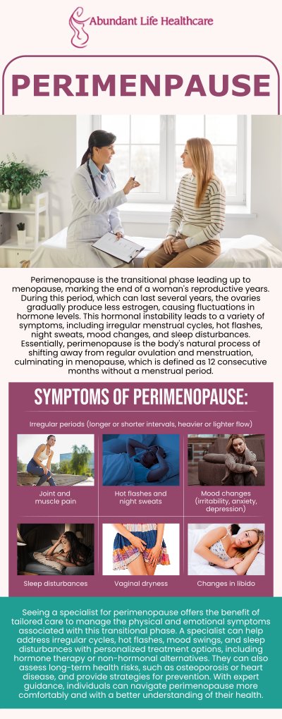 Perimenopause is a phase that occurs before your final menstrual cycle. During this time, your ovaries gradually reduce their activity, which can cause fluctuations in the production of estrogen and progesterone. As a result, your periods may become irregular, and you may experience symptoms like hot flashes, mood swings, and vaginal dryness. If you're dealing with perimenopausal symptoms, Dr. Marc Jean-Gilles, DO, FACOG at Abundant Life Healthcare can assist you with hormonal shifts and effective treatment options. For more information, contact us today or book an appointment online. We are conveniently located at 601A Professional Drive, Suite 370, Lawrenceville, GA 30046.