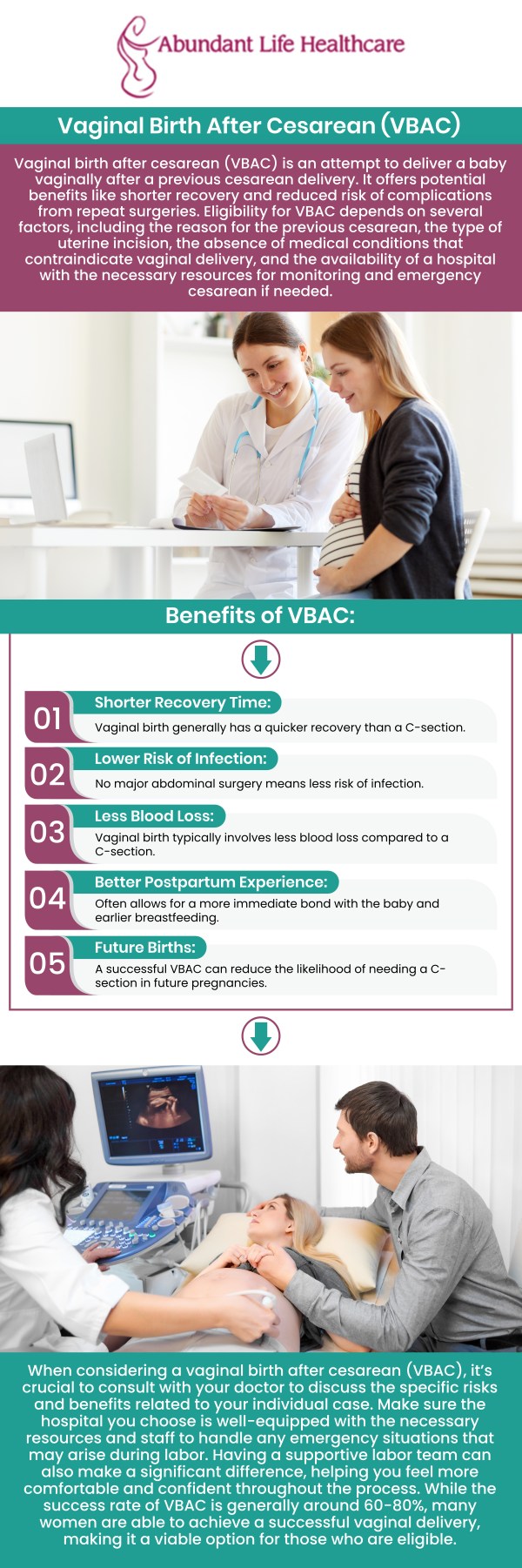 Vaginal birth after C-section (VBAC) is a childbirth option for women who have previously had a cesarean delivery. It involves attempting a vaginal birth instead of opting for a second C-section. Factors such as the reason for the previous C-section, the mother's health, and the baby's position in the uterus can influence the likelihood of a successful VBAC. Consult Dr. Marc Jean Gilles, DO, FACOG, at Abundant Life Healthcare to know if VBAC is the right option for you. For more information, contact us or schedule an appointment online. We are conveniently located at 601A Professional Drive, Suite 370, Lawrenceville, GA 30046.